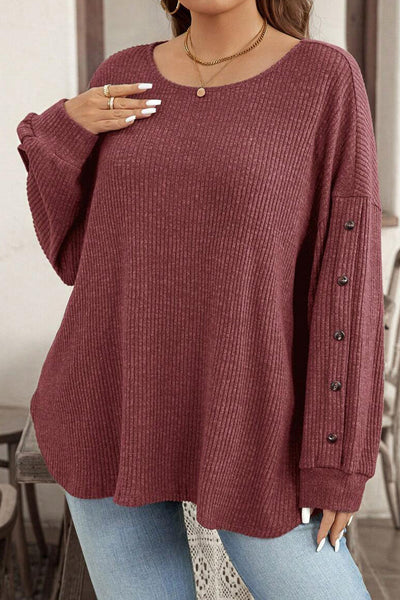 Plus Size Women's Vibrant Wild Ginger Ribbed Long Sleeve Top with Buttons - Casual Loose Fit for Effortless Style