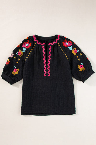 Chic Women's Black Floral Embroidered Puff Sleeve Blouse with Textured Fabric - Elegant Top for Any Occasion