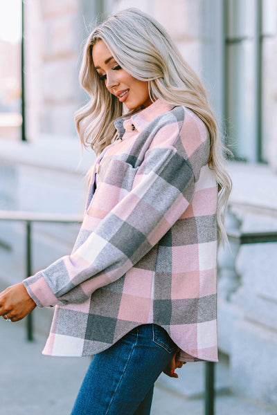 Women's Versatile Pink and Gray Plaid Color Block Long Sleeve Jacket with Pockets - Stylish Outerwear for Every Occasion