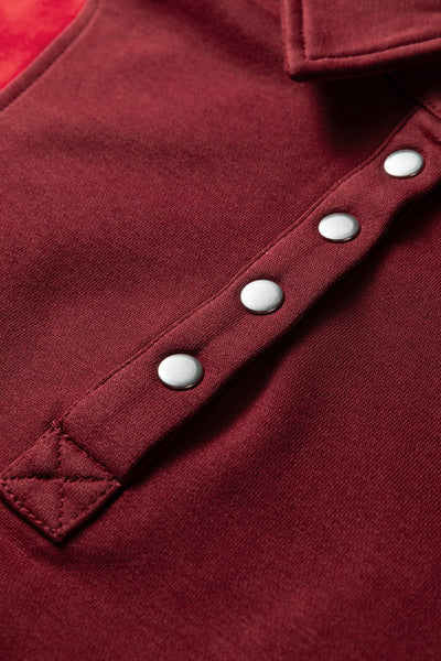 Women's Oversized Color Block Henley Sweatshirt in Crimson