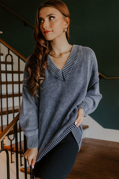 Women's Relaxed Fit Navy Blue V-Neck Knit Sweater with Drop Shoulders and Exposed Seams - Mineral Wash Style