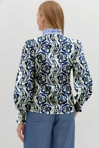 Women's Abstract Floral Cotton Blouse with Striped Ruffle Trim