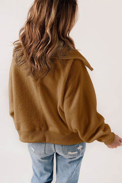 Women's Camel Sherpa Fleece Bomber Jacket with Oversized Shawl Collar
