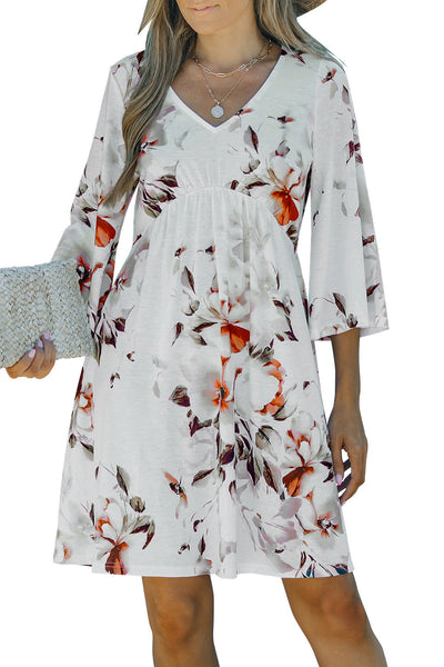 Printed Lace Up Lapel Waist Short Sleeved Midi Dress