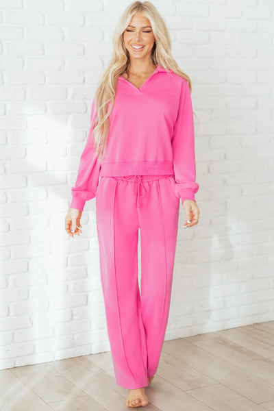Women's V-Neck Polo Sweatpant Set in Sachet Pink Cotton Blend