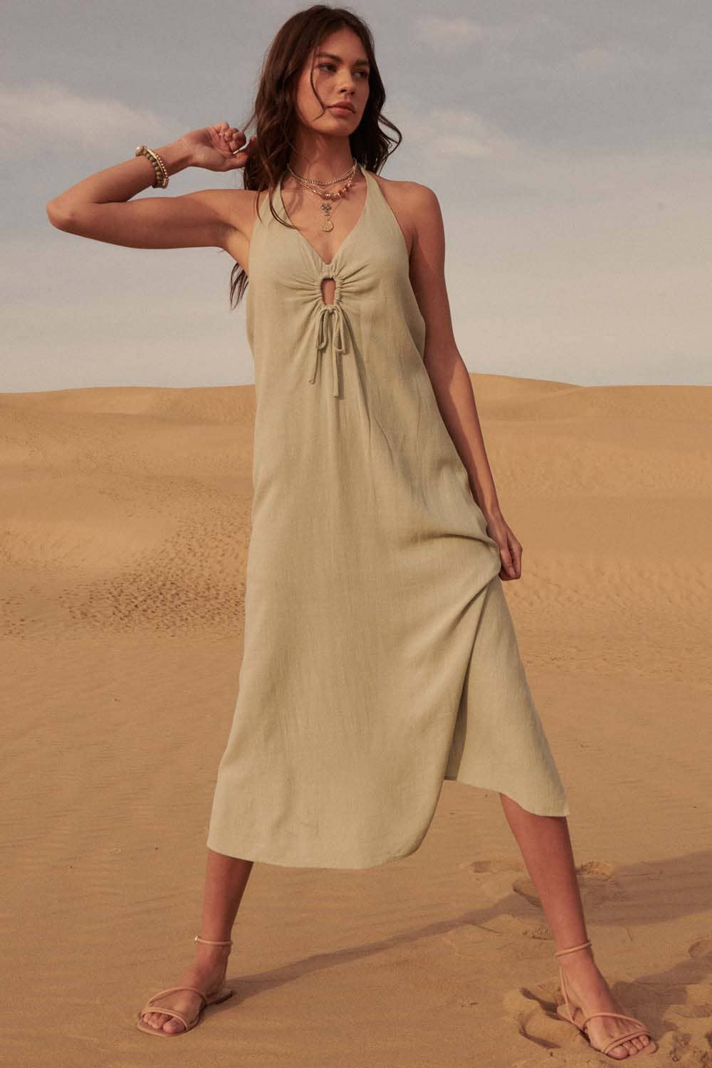 Solid Woven Keyhole Open-Back Maxi Dress