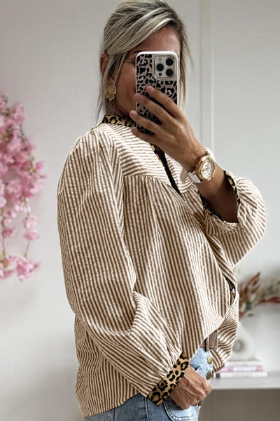 Women's Trendy Women's Brown Stripe Leopard Print Long Sleeve Shirt with Patchwork Detail - Chic Casual Fashion Top
