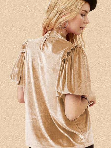 Romantic French Beige Ruffled Puff Sleeve Mock Neck Velvet Blouse