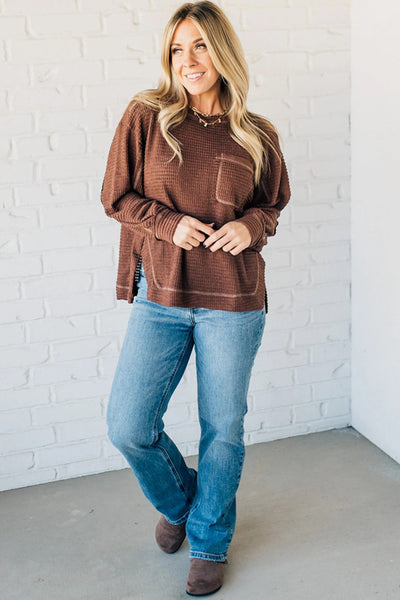 Women's Loose Fit Coffee Thermal Long Sleeve Top with Textured Seams & Patchwork Design - Stylish Casual Wear