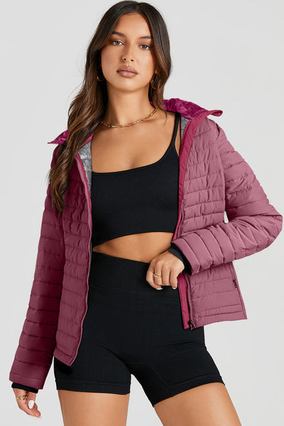 Women's Burgundy Quilted Puffer Jacket with Zip-Up Closure - Stylish, Warm, and Perfect for Winter Adventures