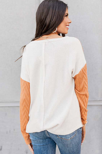 Women's Casual Orange Colorblock Knit Top with Long Sleeves and Chest Pocket - Trendy Textured Design for Everyday Style