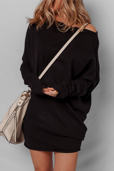 Trendy Women's Black Asymmetric Batwing Sleeve Mini Sweater Dress Effortless Chic Style for Any Occasion