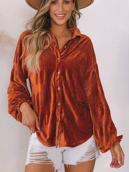 Women's Velvet Orange Lantern Sleeve Button Up Shirt