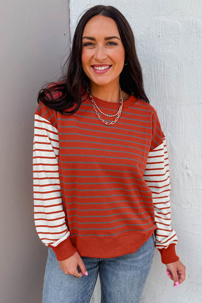 Women's Orange Stripe Contrast Sleeve Sweatshirt - Trendy Drop Shoulder Long Sleeve Top for Casual Comfort