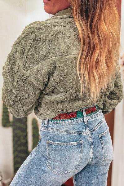 Cozy Women's Laurel Green Textured Plush Half Zip Sweatshirt with Stand Collar for Casual Comfort and Style