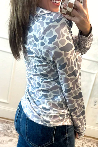 Women's Blue Abstract Camo Quarter-Zip Pullover