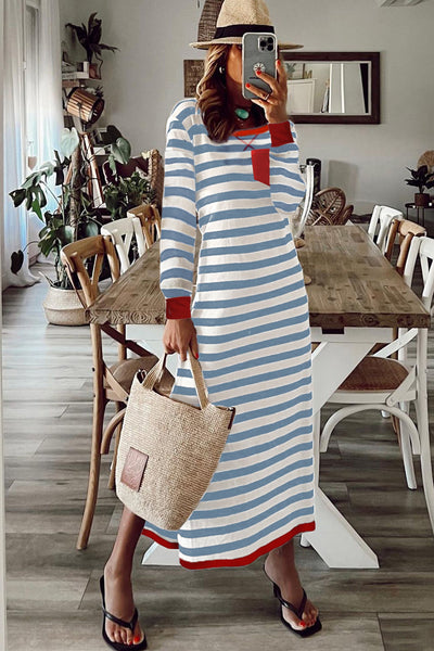 Chic Sky Blue Striped Midi Dress for Women with Long Sleeves, Contrast Edges, and Stylish Side Slits