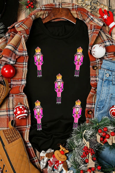 Women's Sequin Pink Nutcracker Relaxed Holiday Graphic Tee