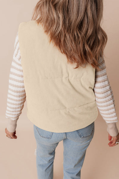 Women's Beige Corduroy Stand Neck Puffer Vest with Zipper