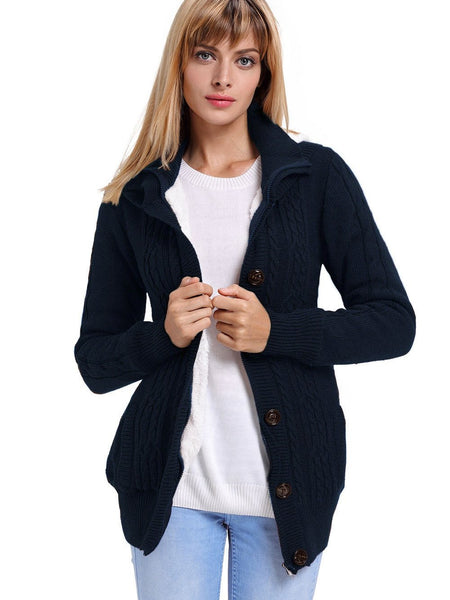 Navy Blue Cable Knit Faux Fur-Lined Hooded Sweater Coat