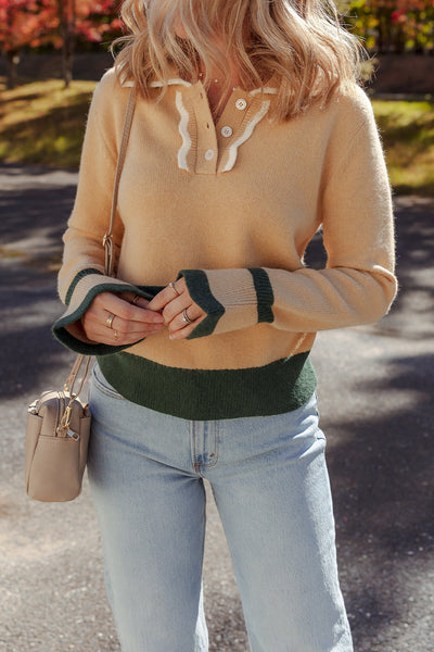 Chic Light Beige Women's Sweater with Ruffled Sleeves, Contrast Trim & Buttoned Collar for Effortless Layering