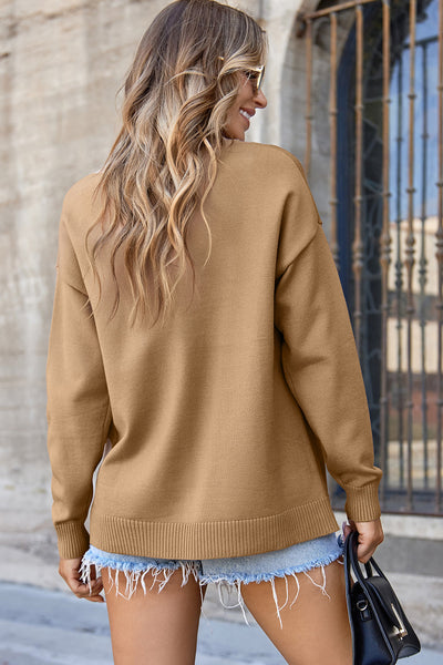 Women's French Beige Drop Shoulder Pullover with Vertical Seam Detail