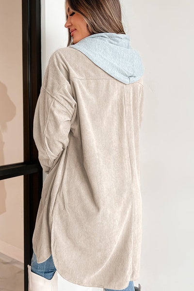 Trendy Women's Oversized Beige Hooded Corduroy Shacket - Cozy Layering Jacket with Stylish Contrast Design