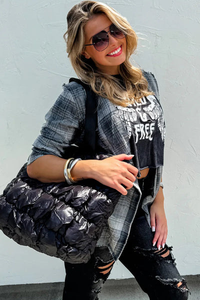 Chic Women's Gray Plaid Shacket with Raw Edges - Versatile Open Front Jacket for Effortless Casual Style