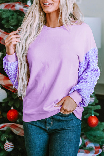 Chic Women's Orchid Petal Sequin Long Sleeve Pullover Top - Stylish Casual Wear for Effortless Elegance