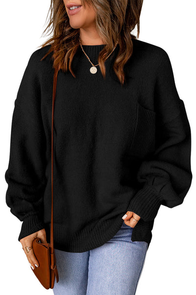 Cozy Women's Chic Black Puffy Sleeve Sweater with Pockets - Stylish, Versatile Fashion for All Seasons