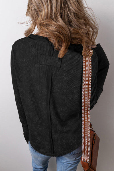 Chic Women's Black Acid Wash Waffle Knit Long Sleeve Top with Buttoned Neckline for Effortless Casual Style