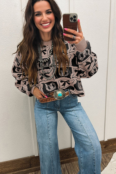 Cozy Boho Chic Western Print Sweater for Women - Stylish Earthy Tone Knitwear with Trendy Fit and Design