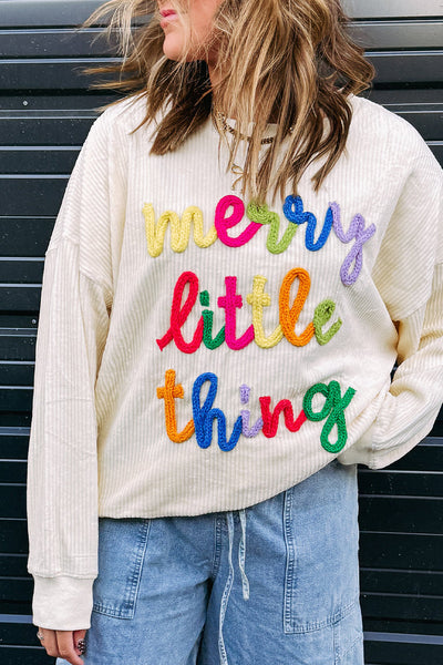 Beige Ribbed Loose Sweatshirt for Women with Corded Letter Graphic - Cozy Casual Top for Effortless Everyday Style
