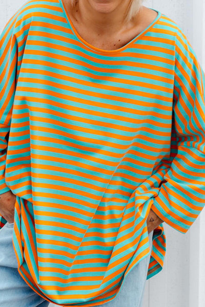 Trendy Plus Size Women's Orange Striped Oversized Drop Shoulder Top with Round Neck for Ultimate Comfort and Style
