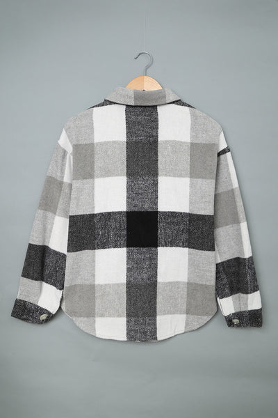 Stylish Women's Gray Plaid Color Block Long Sleeve Jacket with Pockets - Versatile Outerwear for Every Occasion