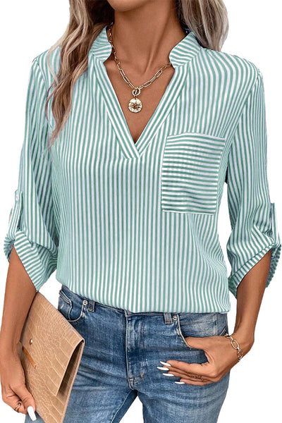 Women's Casual Green Striped V-Neck Shirt with Roll-Up Sleeves and Pocket - Perfect for Everyday Wear