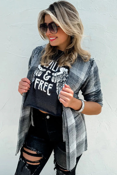 Chic Women's Gray Plaid Shacket with Raw Edges - Versatile Open Front Jacket for Effortless Casual Style