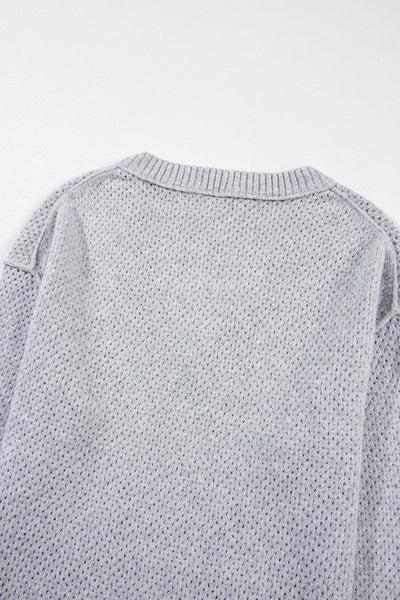 Trendy Light Grey Loose-Fit Eyelet V-Neck Sweater for Women with Drop Shoulder Design for Effortless Chic Style