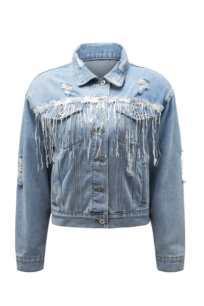 Women's Sky Blue Sequin Fringe Distressed Denim Jacket