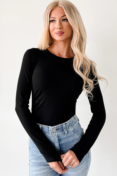 Chic Women's Black Ribbed Long Sleeve Bodysuit - Form-Fitting Crew Neck Top for Effortless Style and Versatile Looks