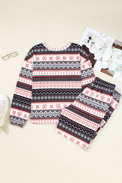 Cozy Women's Black Retro Christmas Pullover & Lounge Pants Set - Loose Fit Holiday Outfit for Festive Comfort