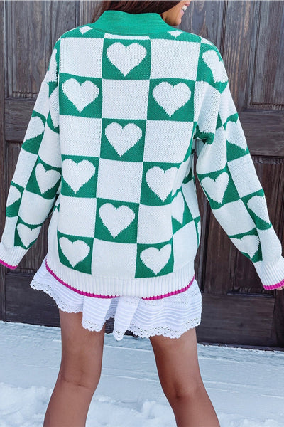 Women's Sea Green Heart Intarsia Checkerboard Knit Cardigan