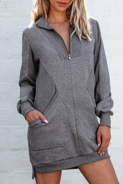 Women's Dark Grey Half-Zip Sweatshirt Dress in Premium Cotton Blend