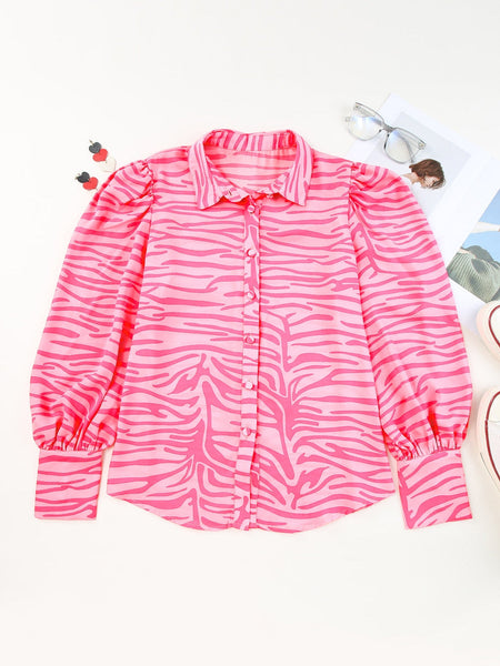 Pink Zebra Print Blouse with Lantern Sleeves