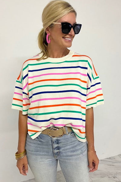 Beige Striped Short Sleeve Knitted Top for Women - Trendy Boxy Fit Tee for Effortless Casual Chic Style