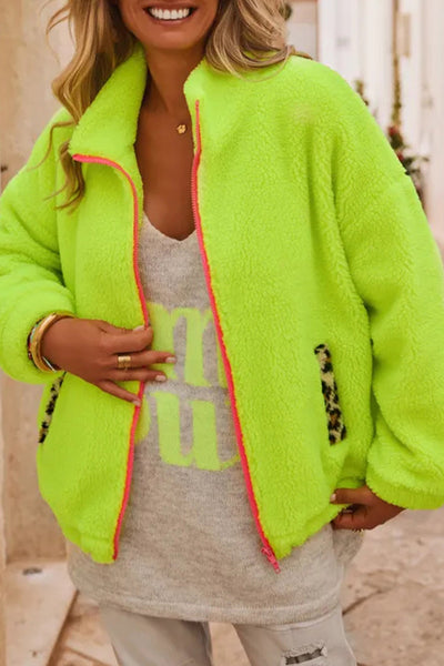 Cozy Women's Pear Green Fuzzy Sherpa Jacket with Contrast Trim and Pockets - Stylish Full Zip Outerwear for Fall/Winter