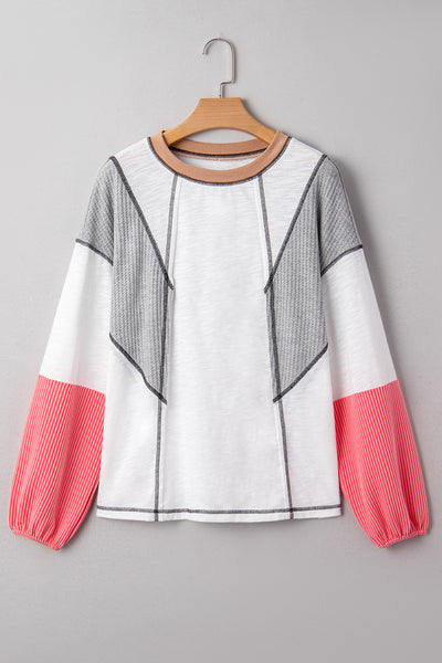 Women's Casual White Textured Knit Top with Stylish Contrast Block Design and Patchwork for Effortless Everyday Chic