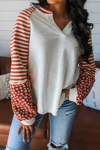 Women's Floral Color Block Long Sleeve Blouse Stylish Striped Top for Casual Chic Looks in White