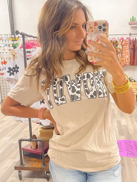 Cow Print Western Howdy Khaki Graphic T-Shirt