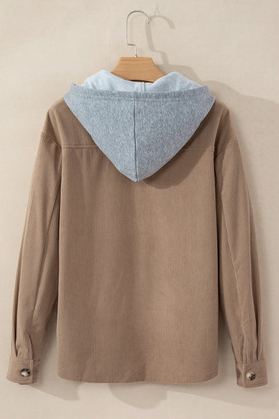 Chic Women's Pale Khaki Corduroy Shacket with Hood, Drawstring, and Pockets - Perfect for Casual Layering